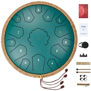 Vevor Zungentrommel 356mm, Steel Tongue Drum 15 Noten, Regentrommel, C-Dur-Tonart, Regenglockenspiel mit 2 Schlägeln & Tragetasche, Handpan-Trommel, Schlaginstrument für Musikunterricht & Yoga, Grün