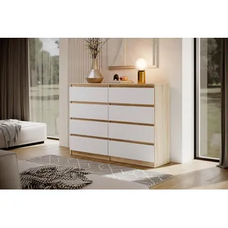 Moderne Kommode LINDA 8S - Sideboard 140 cm mit 8 Schubladen & Grifflosen Fronten (Eiche Sonoma + Weiß) - Bronze, Weiß