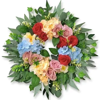 Türkranz Haustür Außenbereich 66cm, Großer Künstlicher Blumenkranz mit Rosen & Hortensien für Frühling Sommer, Realistische Wanddeko Deko Kranz für Bauernhaus Veranda Wand, Bunter Sommerkranz