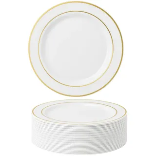 MATANA 50 Premium Weiße Plastikteller mit Goldrand, Mehrweg Kunststoffteller, 26cm - Partyteller Gold für Hochzeiten, Geburtstage, Partys - Elegantes & Stabiles Partygeschirr