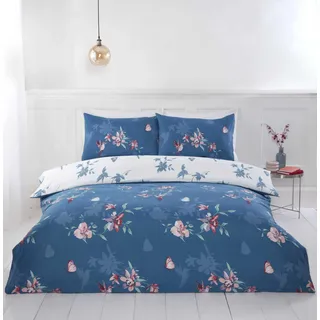 Rapport home Blaues Mikrofaser-Bettwäsche-Set für Einzelbett, Kolibri-Blumenmuster, wendbar, Fadenzahl 180, weich, bügelfrei, Bettwäsche-Set mit Vögeln, Blumen und Schmetterlingen