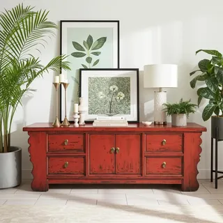Chinesisches Lowboard Sideboard Kommode Schrank Möbel asiatisch orientalisch chinesisch Büffet Anrichte rot China Shabby Chic Vintage Holz - Rot