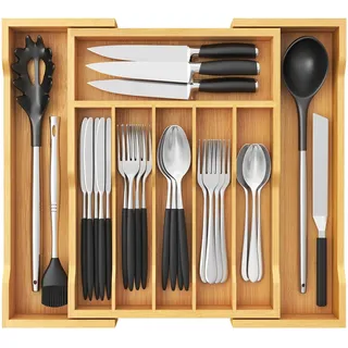 Lifewit Großer Besteckkasten für Schubladen, Tiefe 38 cm, Schubladen Besteck Organizer für Küche, Besteckkorb Besteckhalter für Löffel/Gabeln, Naturfarbe