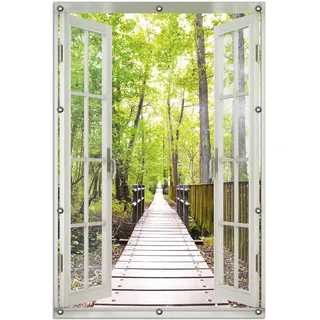 Wallario Outdoor-Poster für Garten oder Balkon 100 x 150 cm: Spaziergang im Wald Holzweg über einen Fluss - Gelb