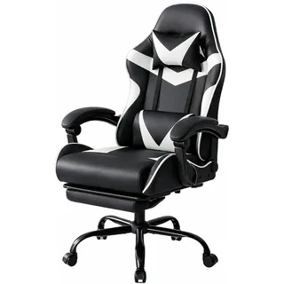 DUMOS Gaming Stuhl, Chair Gamer Sessel - Ergonomischer Gamer Stuhl mit Fußstütze Kopfstütze und Lordosenstütz Höhenverstellbar Gepolstert Gamingstuhl 150 Kg Tragkraft PC Sessel Drehsessel Schwarz-Weiß