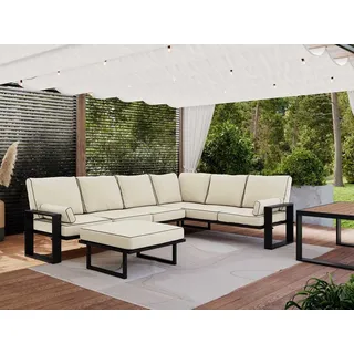 MKS Meble Outdoor Gartenmöbel, Set für 7 Personen, Gartenlounge Set mit Tisch, Hocker und Ecksofa, Terrassenmöbel Set, Couchgarnituren - ELBA 4 - beige - Beige