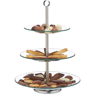 Relaxdays Etagere, 3 Etagen, rund, Cupcake, Keks, Obst, Muffin, Servierständer, Glas, Edelstahl, Silber/transparent
