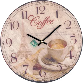 Wanduhr Holz 30x30cm Rund Holzuhr Uhr Holzbild Coffee Kaffee Küchenuhr Küche Deko