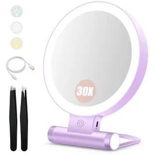 B Beauty Planet Kosmetikspiegel mit Beleuchtung, 30 fache/1-fach Doppelseitige Tischspiegel,3 Farblichter, DimmbarerSchminkspiegel,Reisen Kosmetik Spiegel mit Beleuchtung(Violett 30x Kosmetikspiegel)