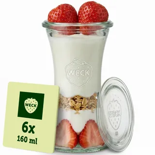 Weck Gläser 160ml – 6er Set mit Deckeln – Delikatessenform – robuste Dessertgläser, Einkoch- & Einmachgläser – klein – Weckglas ideal für Nachtisch – Made in Germany