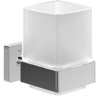 Villeroy & Boch Elements - Striking Glashalter, Zahnbürstenhalter für Wandmontage, Zahnputzbecher aus satiniertem Glas mit Halterung aus Messing, eckig, Chrom