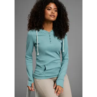 Kapuzenshirt KANGAROOS, Damen, Gr. 48, grün (blaugrün), Jersey, Obermaterial: 100% Baumwolle. Kapuzenfutter: 100% Baumwolle, unifarben, figurbetont hüftbedeckend, Bündchen mit Daumenlöchern, Shirts Kapuzenshirt, Langarm mit Daumenlöchern, figurbetonter Schnitt, aus Jerseystoff