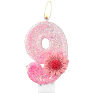mciskin Rosa Gänseblümchen Geburtstagskerzen, 9 Kerzen für Geburtstagskuchen, Rosa Blume, 9th Geburtstagskerze, Glitzer-Blumenkerze für Mädchen, 9th Geburtstag Party-Dekorationen