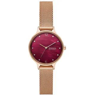 Skagen Anita Lille Uhr für Damen, Quarzwerk mit Edelstahl- oder Lederarmband, Weinrot, 30MM