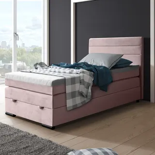Boxspringbett Tulia 120 x 200 cm Einzelbett mit Topper Bett mit Taschenmatratze und Federkernmatratze Bettkasten, Stoff: mono 232 - Rosa - Rosa