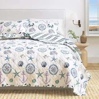 Great Bay Home Bettwäsche-Set – 2-teilig, wendbar, leicht, nautische Steppdecke mit 1 Kissenbezug, Doppelbett, Ganzjahreszeit, Strand-Tagesdecken, blauer Muschelbezug, azurblaue Steppdecken-Kollektion