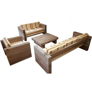 Luxus Garten Möbel Set Eiche Massiv - schwere Ausführung - 3er, 2er, 1x + Tisch - Massivholz rustikal - Lounge Set, Farbe:Kissenbezug Creme / Streifen Orange - Creme, Orange