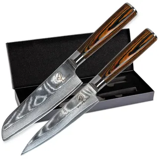 Wolfblood Damastmesser Set 2er (24cm) TÜV geprüfter 62 HRC Damaststahl aus 67 Lagen I Damast Küchenmesser Set mit Santokumesser Chefmesser Holzgriff Geschenkbox & Klingenschutz