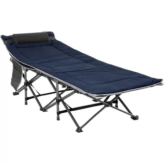 Campingbett klappbar Feldbett Klappbett mit Kopfkissen Seitentasche Matratze Gästebett bis 150 kg belastbar Reisen Outdoor Oxford Dunkelblau+Grau 188 x 64,5 x 53 cm Aosom