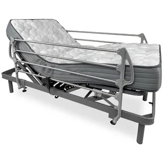 DUÉRMETE ONLINE, 90 x 190 cm, elektrisches Bett, verstärkt, Ergomax, viskoelastische Matratze Dorsaltec + Edelstahlgeländer, Holz, Anthrazitgrau