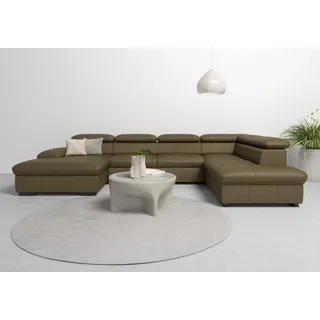 Wohnlandschaft HOME AFFAIRE "Alberto U-Form", grün (olive), B:350cm H:73cm T:228cm, Luxus-Microfaser in Lederoptik (100% Polyester);Microfaser in Antiklederoptik (100% Polyester);Luxus-Microfaser Vintageoptik (100% Polyester);Luxus-Microfaser weich (90%Polyester 10%Polyamid), Sofas, Wohnlandschaft, mit Kopfteilverstellung, wahlweise mit Bettfunktion