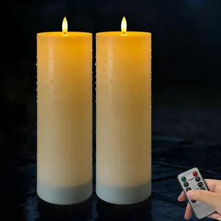 Dixmas 30x10cm Flammenlose Wasserdichte LED-Kerzen 2er Set mit Fernbedienung, Timer Funktion Batteriebetrieben Flackernde große Kunststoff Elfenbein Kerzen