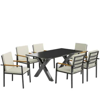Outsunny Gartenmöbel-Set Sitzgruppe 1 Tisch+6 Stühle mit Auflagen Wetterfest Alu Schwarz+Grau , Metall , Gartenmöbel, Gartengarnituren, Gartenmöbel-Sets