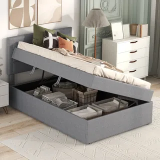 Flieks Polsterbett Einzelbett 90x200cm Stauraumbett mit Lattenrost, Jugendbett Boxspringbett mit Stauraum Boxbett, grau - Grau