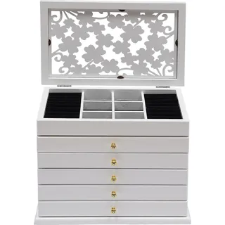 Schmuckkasten - Schubladen-Organizer - 6 Ebenen - Paulowniaholz mit Samt-Innenfutter - 31×20×24,5 cm - Weiß