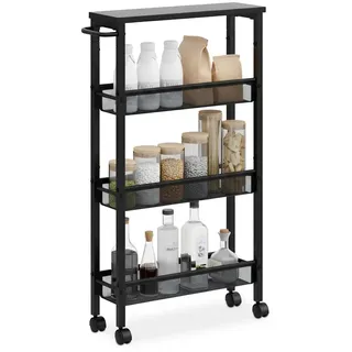 Relaxdays Nischenwagen, HBT: 77 x 13 x 45,5 cm, schmales Nischenregal Bad & Küche, 4 Ebenen, Rollregal Metall, schwarz