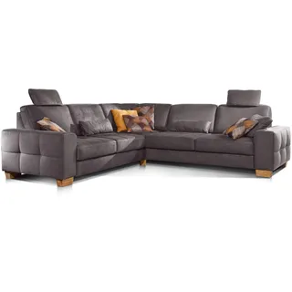 Cavadore Ecksofa Puccino mit Federkern, verstellbaren Sitztiefen und 2 Kopfstützen / Couch gleichschenklig in L-Form im Landhausstil / 276 x 86 x 271 cm / Mikrofaser braun