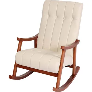 Schaukelstuhl HWC-K10, Schaukelsessel Schwingstuhl Relaxsessel Kunstleder creme, Gestell Walnuss-Optik - Beige
