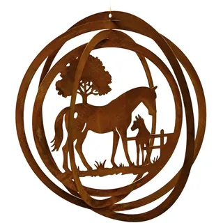 Edelrost Windspiel Pferd mit Fohlen - 3D Windspiel aus Metall - Gartendeko zum Aufhängen - Rostoptik - Pferdemotiv - Geschenk für Reiter - für Garten, Terrasse, Balkon