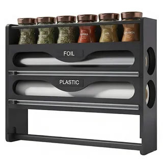 NBUABX Folienspender mit Cutter & Küchenrollenhalter & Gewürzregal, Alufolienspender und Frischhalte, Frischhaltefolienspender Küche, Folienschneider Frischhaltefolie Bambus Kompatibel 12" (Schwarz)
