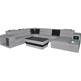 Ecksofa Eckgarnitur Eckcouch Sofa Couch Polster Wohnlandschaft Tisch LED USB Neu - Weiß