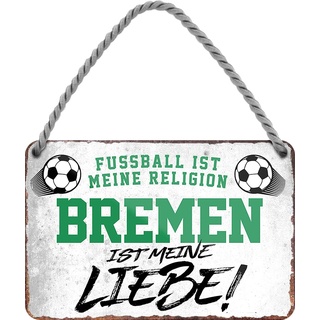 WOGEKA ART Retro Blechschild - Bremen ist meine Liebe - Fußball - witziger Spruch als Geschenk-Idee Geburtstag Weihnachten Deko 18x12 cm Vintage-Design Hänge-Schild Metall HS974