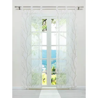 ESLIR Schiebegardinen Set 2er Flächenvorhänge Gardinen mit Schlaufen Schiebevorhang Transparent Schlaufenschal mit Zweige Muster Voile Weiß-Sand BxH 57x225cm 2 Stück