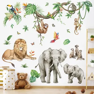 wondever Wandtattoo Safari Tiere Reben Wandaufkleber Dschungel Tiere Elefant Löwe für Kinderzimmer Babyzimmer Schlafzimmer