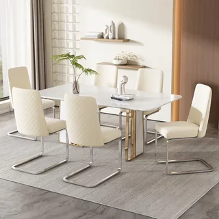 Flieks Freischwinger 6er Set, Esszimmerstühle mit Silberen Metallbeinen, Schwingstuhl Polsterstühle mit Samtbezug, Küchenstühle Wohnzimmerstuhl, Beige - Beige