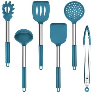 Küchenhelfer Set, TEAMFAR 6 Stück Silikon Pfannenwender Küchenutensilien Set mit Edelstahlgriff, Hitzebeständiger Antihaft Kochbesteck Küchenset zum Kochen, Leicht zu Reinigen&Spülmaschinenfest, Blau