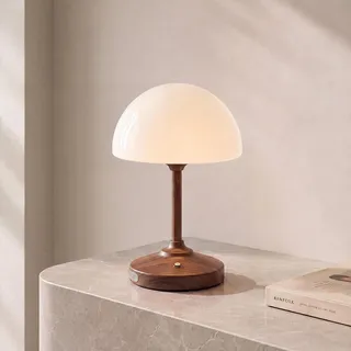 Dawnwake Pilzlampe LED Tischlampe Kabellos, 5000mAh Touch Dimmbare Akku Tischlampe für Schlafzimmer, Outdoor Wasserdicht Kleine Lampe für Wohnzimmer, Camping, 3-Stufiger Dimmung, Nussbaum