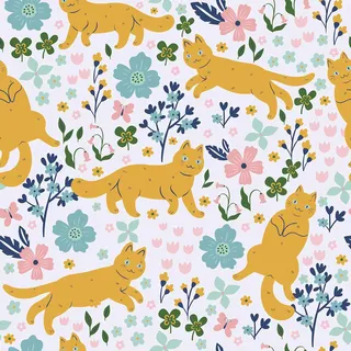 CRE8TIVE Gelbe Katze Selbstklebende Tapete Blumen Vintage Kinderzimmer Tapete Weiß Klebefolie Möbel Blumentapete Fototapete Wohnzimmer Folie Mädchen Klebefolie für Badezimmer Schrank 30.5cm x 300cm