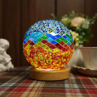 HyDlan Nachttischlampe Glas-Patchwork-Tischlampe (15.5 x 12.5cm), USB Stromanschluss Vintage Deko Schreibtischlampe, für modern Deko Schlafzimmer Nachtlampe, Wohnzimmer (Mittelmeer - Blau, Orange)