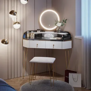 Vicco Eckschminktisch Amira Weiß Hochglanz 99 cm mit LED Spiegel, Hocker und Usb Model 39699 - Weiß