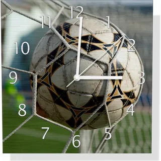 Wallario Design Wanduhr Fußball - Ball im Tor - Bolzplatz aus Aluverbund, Größe 30 x 30 cm - Grün