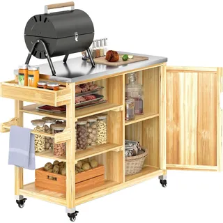 BBQ Grillwagen - Servierwagen - 4 Räder - Ablagen - Schrank - Für 3–5 Personen - Outdoor - Naturholz