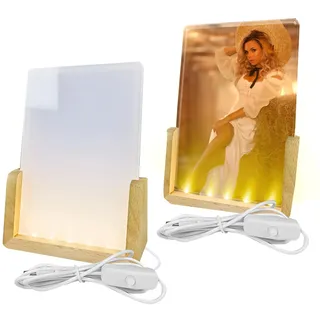 2 Sets Sublimations-Acryl-Bilderrahmen mit U-förmigem LED-Holzsockel, Rohlinge, LED-Nachtlichter, Bilderrahmen für Weihnachten, Valentinstag, Hochzeit