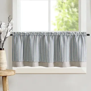 TOPICK Doppellagige Leinen Scheibengardine Streifen Küche Vorhang Klein Fenstervorhang Blickdicht Gestreift Gardine Verdunklung Landhaus Bistrogardine für Esszimmer 1 Stück 45Hx125Bcm Blau auf Beige