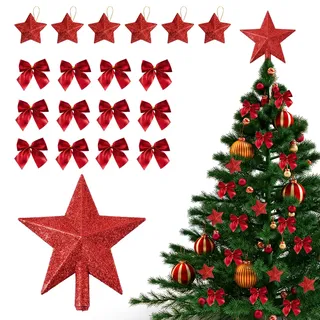 19 Stück Weihnachtsbaumspitze Stern Rot, Schleifen Weihnachtsbaum Deko, Christbaumspitze, Glitzer Weihnachtsschleifen, Klein Stern Bruchsicher, Rot Weihnachtsbaumschmuck