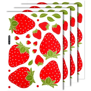 4 Blatt / 92 Stück Erdbeer Wandsticker, Niedlich Abnehmbar Wandtattoo Wandaufkleber Obst für Mädchen Schlafzimmer Wohnheim Esszimmer Küche Badezimmer Wasserfeste Dekoration